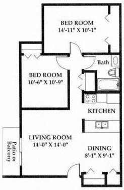 Floor plan for 2 beds, 1 bath, 805 sqft